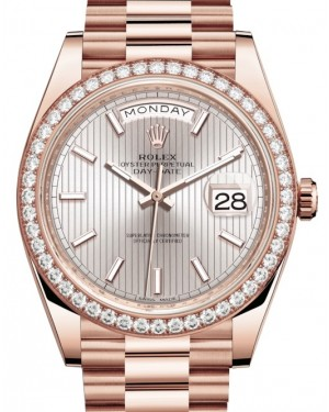 Rolex Day-Date 40-228345RBR (Everose Gold President Bracelet, Sundust Stripe Index Dial, Diamond Bezel)