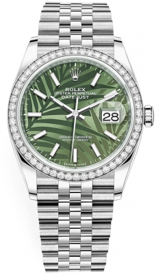 Rolex Datejust 36-126284RBR (Oystersteel Jubilee Bracelet, Olive-green Palm Index Dial, Diamond Bezel)