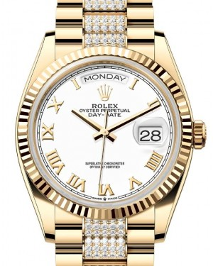 Rolex Day-Date 36-128238 (Yellow Gold Diamond-set President Bracelet, White Roman Dial, Fluted Bezel)