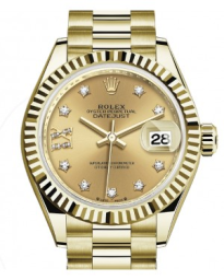 Rolex Lady-Datejust 28-279178 (Yellow Gold President Bracelet, Gold Diamond IX-set Champagne Dial, Fluted Bezel) (m279178-0013)