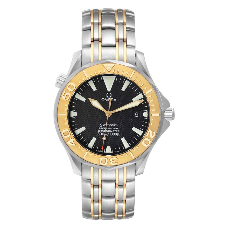 Omega Seamaster Diver 300M 41-2455.50.00 (Yellow Gold & Stainless Steel Bracelet, Wave-embossed Black Index Dial, Rotating Yellow Gold Bezel)
