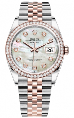 Rolex Datejust 36-126281RBR (Everose Rolesor Jubilee Bracelet, Gold Diamond-set White MOP Dial, Diamond Bezel)