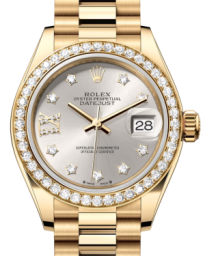 Rolex Lady-Datejust 28-279138RBR (Yellow Gold President Bracelet, Gold Diamond IX-set Silver Dial, Diamond Bezel) (m279138rbr-0001)