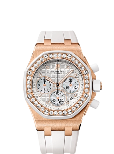 Audemars Piguet Royal Oak Offshore 37-26048OK.ZZ.D010CA.01 (White Rubber Strap, Méga Tapisserie White Diamond Dot Index Dial, White Rubber-clad Pink Gold Diamond-set Bezel)