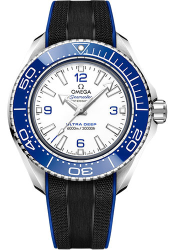 Omega Seamaster Planet Ocean 600M 45.5-215.32.46.21.04.001 (Black Structured Rubber Strap, White Arabic/Index Dial, Rotating Blue Ceramic Bezel)