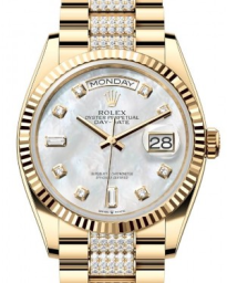 Rolex Day-Date 36-128238 (Yellow Gold Diamond-set President Bracelet, Gold Diamond-set White MOP Dial, Fluted Bezel) (m128238-0032)