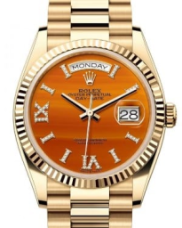 Rolex Day-Date 36-128238 (Yellow Gold President Bracelet, VI IX Gold Diamond-set Carnelian Dial, Fluted Bezel) (m128238-0088)