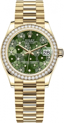 Rolex Datejust 31-278288RBR (Yellow Gold President Bracelet, Gold Diamond-set Olive-green Floral Dial, Diamond Bezel)