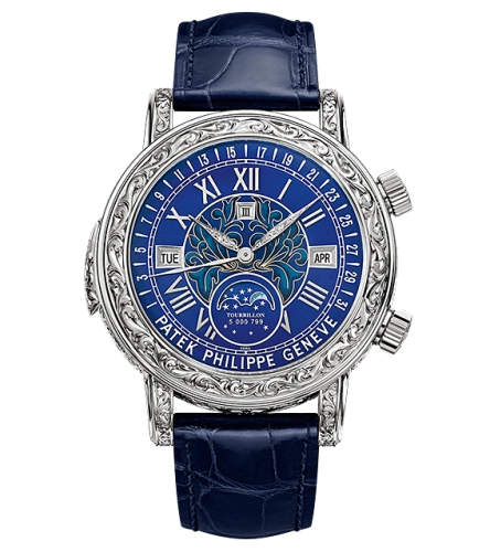 Patek Philippe Grand Complications 44-6002G-001 (Shiny Navy-blue Alligator Leather Strap, Grand Feu-champlevé & cloisonné Blue Enamel Roman Dial, Hand-engraved White Gold Bezel)