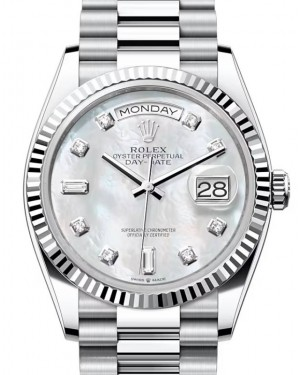 Rolex Day-date 36-128236 (Platinum President Bracelet, Gold Diamond-set White MOP Dial, Fluted Bezel)