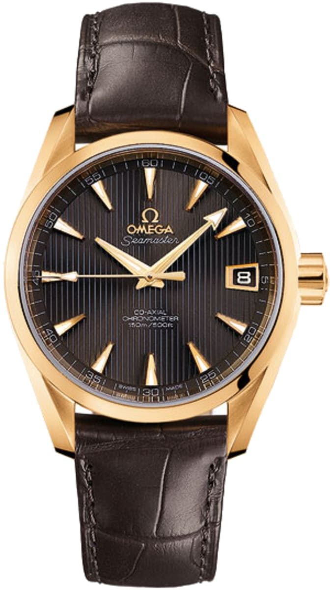 Omega Seamaster Aqua Terra 150M 38.5-231.53.39.21.06.002 (Brown Alligator Leather Strap, Vertical-teak Grey Index Dial, Yellow Gold Bezel)