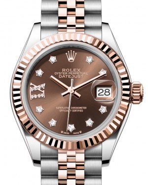 Rolex Lady-Datejust 28-279171 (Everose Rolesor Jubilee Bracelet, Gold Diamond IX-set Chocolate Dial, Fluted Bezel)