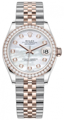 Rolex Datejust 31-278381RBR (Everose Rolesor Jubilee Bracelet, Gold Diamond-set White MOP Dial, Diamond Bezel)