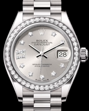 Rolex Lady-Datejust 28-279139RBR (White Gold President Bracelet, Gold Diamond IX-set Silver Dial, Diamond Bezel)