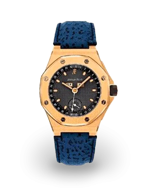 Audemars Piguet Royal Oak Offshore 38-25808BA.O.0009/01 (Blue Alligator Leather Strap, Petite Tapisserie Black Index Dial, Yellow Gold Smooth Bezel)