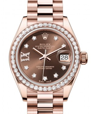 Rolex Lady-Datejust 28-279135RBR (Everose Gold President Bracelet, Gold Diamond IX-set Chocolate Dial, Diamond Bezel)