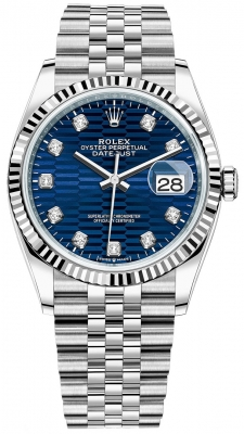 Rolex Datejust 36-126234 (Oystersteel Jubilee Bracelet, Gold Diamond-set Bright-blue Fluted Dial, Fluted Bezel)