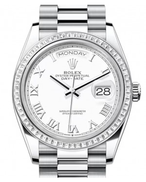 Rolex Day-Date 36-128396TBR (Platinum President Bracelet, White Roman Dial, Diamond Bezel)