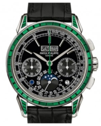 Patek Philippe Grand Complications 41-5271/13P-001 (Shiny-black Alligator Leather Strap, Black Index Dial, Baguette-cut Emerald Bezel) (5271/13P-001)