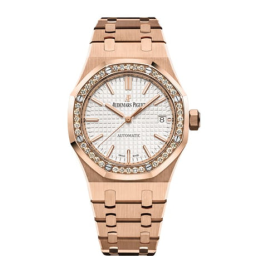 Audemars Piguet Royal Oak 37-15451OR.ZZ.1256OR.01.A (Pink Gold Bracelet, Grande Tapisserie Silver-toned Index Dial, Pink Gold Diamond-set Bezel) (15451OR.ZZ.1256OR.01)