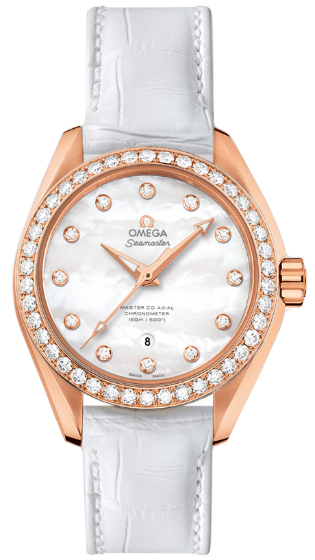 Omega Seamaster Aqua Terra 150M 34-231.58.34.20.55.003 (White Alligator Leather Strap, Vertical-teak White MOP Diamond Index Dial, Sedna Gold Diamond-set Bezel)