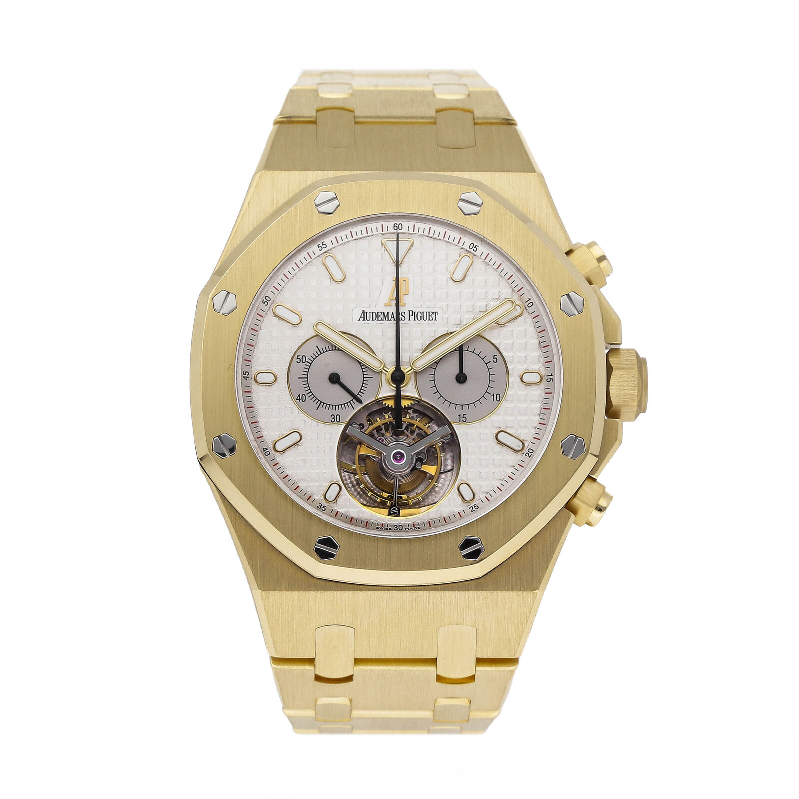 Audemars Piguet Royal Oak 44-25977BA.OO.1205BA.01 (Yellow Gold Bracelet, Grande Tapisserie Silver-toned Index Dial, Yellow Gold Smooth Bezel)