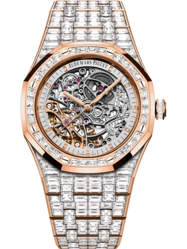 Audemars Piguet Royal Oak 41-15417OR.ZZ.1267OR.01.A (Baguette-cut Diamond-set Pink Gold Bracelet, Rhodium-toned Openworked Index Dial, Baguette-cut Diamond-set Bezel)