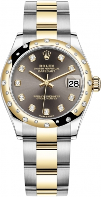 Rolex Datejust 31-278343RBR (Yellow Rolesor Oyster Bracelet, Gold Diamond-set Dark-grey Dial, Domed Diamond Bezel)