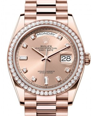 Rolex Day-Date 36-128345RBR (Everose Gold President Bracelet, Gold Diamond-set Rosé Dial, Diamond Bezel)