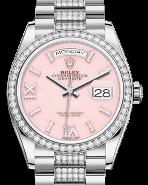 Rolex Day-Date 36-128349RBR (White Gold Diamond-set President Bracelet, VI IX Gold Diamond-set Pink Opal Dial, Diamond Bezel)