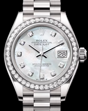 Rolex Lady-Datejust 28-279139RBR (White Gold President Bracelet, Gold Diamond-set White MOP Dial, Diamond Bezel)