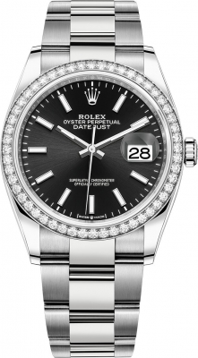 Rolex Datejust 36-126284RBR (Oystersteel Oyster Bracelet, Bright-black Index Dial, Diamond Bezel)