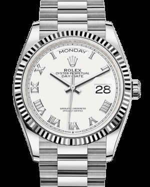 Rolex Day-Date 36-128239 (White Gold President Bracelet, White Roman Dial, Fluted Bezel)