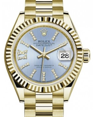 Rolex Lady-Datejust 28-279178 (Yellow Gold President Bracelet, Gold Diamond IX-set Cornflower Index Dial, Fluted Bezel)