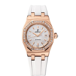 Audemars Piguet Royal Oak 33-77321OR.ZZ.D010CA.01 (White Rubber Strap, Grande Tapisserie Silver-toned Index Dial, Pink Gold Diamond-set Bezel) (77321OR.ZZ.D010CA.01)