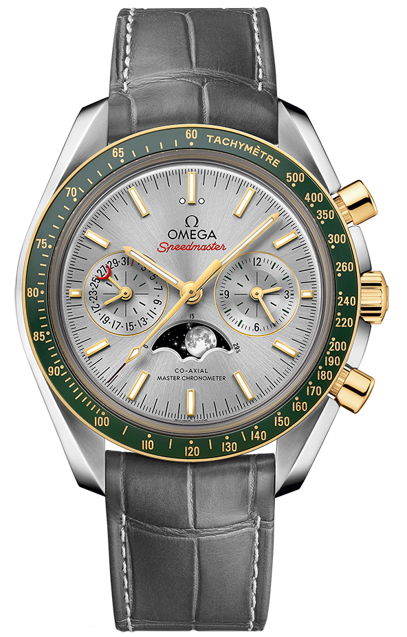 Omega Speedmaster Non-Moonwatch 44.25-304.23.44.52.06.001(Grey Alligator Leather Strap, Sun-brushed Silver Index Dial, Green Tachymeter Bezel)