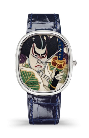 Patek Philippe Golden Ellipse 34.5x39.5-5738/50G-024 (Shiny Navy-blue Alligator Leather Strap, Grand Feu-cloisonné Enamel Kabuki Actor Dial, White Gold Smooth Bezel)