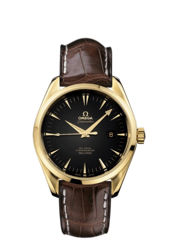 Omega Seamaster Aqua Terra 150M 42.2-2602.50.37 (Brown Alligator Leather Strap, Black Index Dial, Yellow Gold Bezel)