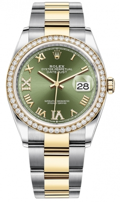 Rolex Datejust 36-126283RBR (Yellow Rolesor Oyster Bracelet, VI IX Gold Diamond-set Olive-green Dial, Diamond Bezel)
