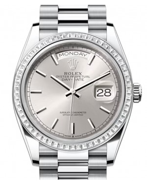 Rolex Day-Date 36-128396TBR (Platinum President Bracelet, Silver Index Dial, Diamond Bezel)