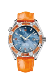 Omega Seamaster Planet Ocean 600M 45.5-2905.50.38 (Orange Alligator Leather Strap, Blue MOP Arabic/Index Dial, Baguette-cut Orange Sapphire/Diamond-set Bezel) (Omega 2905.50.38)