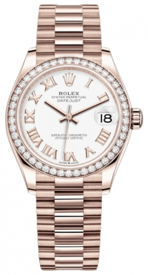 Rolex Datejust 31-278285RBR (Everose Gold President Bracelet, White Roman Dial, Diamond Bezel)