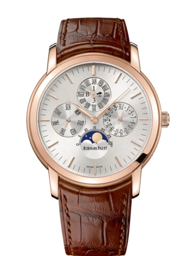 Audemars Piguet Jules Audemars 41-26390OR.OO.D088CR.01 (Brown Alligator Leather Strap, Silver Sunburst Index Dial, Pink Gold Smooth Bezel)