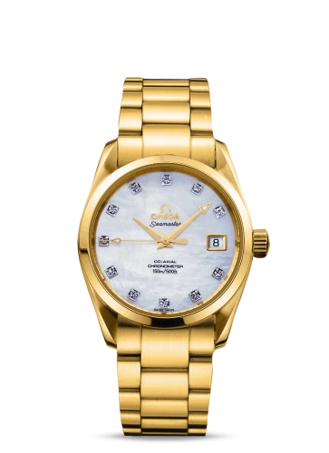 Omega Seamaster Aqua Terra 150M 36.2-2104.75.00 (Yellow Gold Bracelet, White MOP Diamond Index Dial, Yellow Gold Bezel)