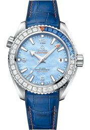 Omega Seamaster Planet Ocean 600M 43.5-215.58.44.21.07.001 (Blue Alligator Leather Strap, Blue MOP Arabic/Index Dial, Baguette-cut Blue Sapphire/Diamond-set Bezel) (Omega 215.58.44.21.07.001)