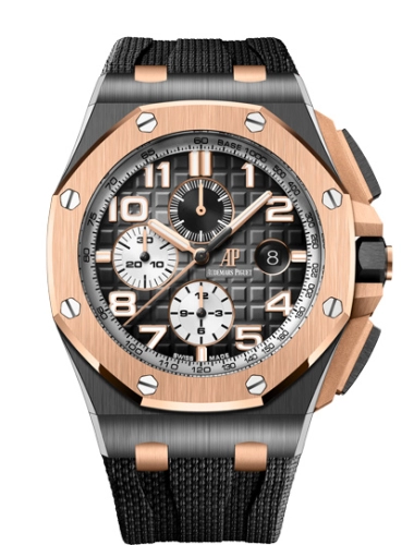 Audemars Piguet Royal Oak Offshore 44-26405NR.OO.A002CA.01.A (Black Textile Rubber Strap, Méga Tapisserie Smoked-grey Arabic Dial, Pink Gold Smooth Bezel)