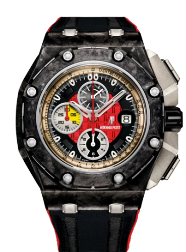 Audemars Piguet Royal Oak Offshore 44-26290IO.OO.A001VE.01 (Black Leather Strap, Negative Méga Tapisserie Red Index Dial, Forged Carbon Smooth Bezel)