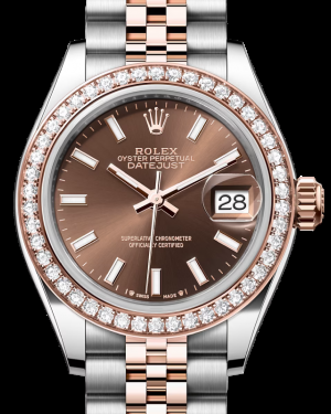 Rolex Lady-Datejust 28-279381RBR (Everose Rolesor Jubilee Bracelet, Chocolate Index Dial, Diamond Bezel)