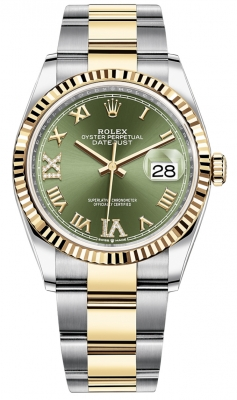 Rolex Datejust 36-126233 (Yellow Rolesor Oyster Bracelet, VI IX Gold Diamond-set Olive-green Dial, Fluted Bezel)