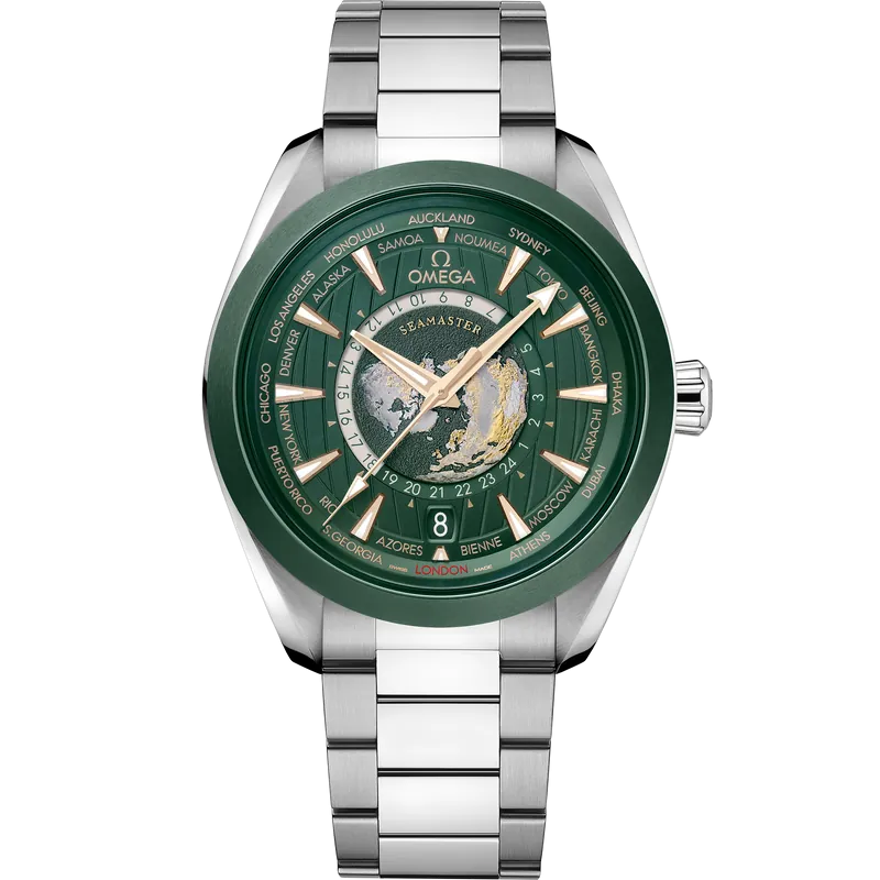 Omega Seamaster Aqua Terra 150M 43-220.30.43.22.10.001 (Stainless Steel Bracelet, World Sun-brushed Green Index Dial, Polished-brushed Green Ceramic Bezel)